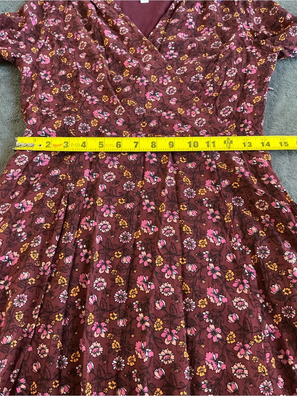 BONGO Maroon Floral Faux-Wrap Mini Dress Bell Sleeves Size:M - Picture 14 of 16